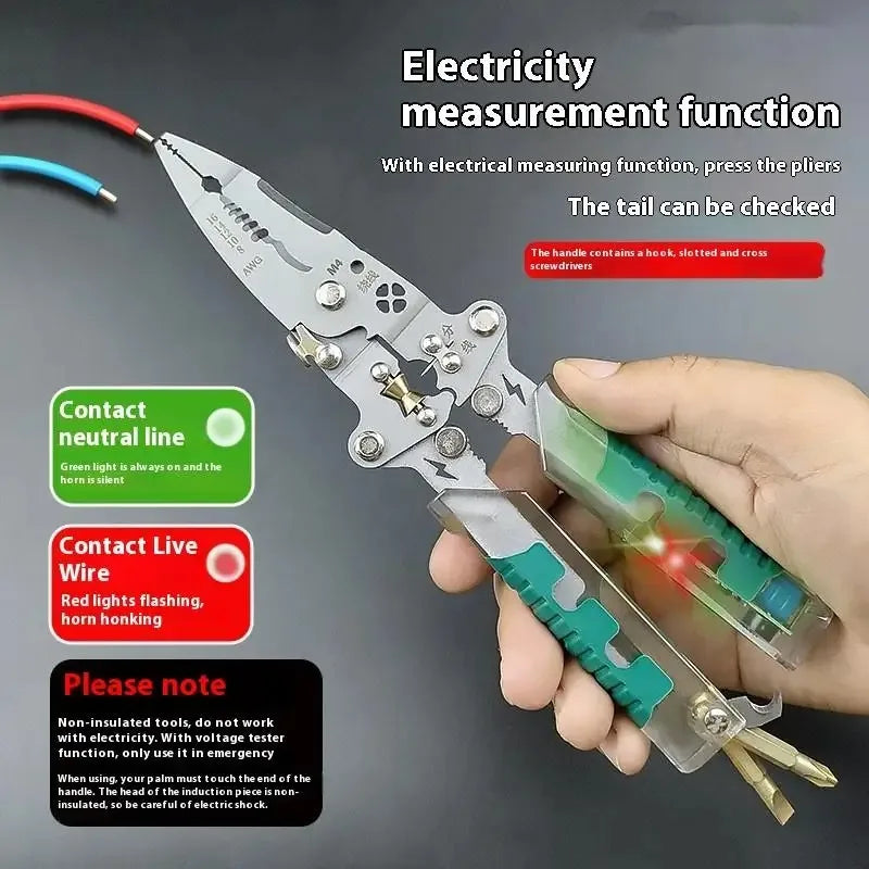 Descascador de fios dobrável multifuncional com medição, enrolamento, prensagem, cortador de cabos, ferramenta de descascamento de fios elétricos.