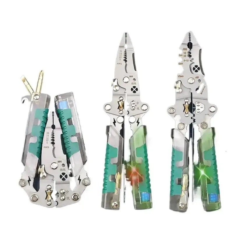 Descascador de fios dobrável multifuncional com medição, enrolamento, prensagem, cortador de cabos, ferramenta de descascamento de fios elétricos.