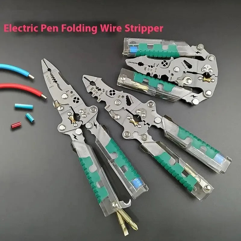 Descascador de fios dobrável multifuncional com medição, enrolamento, prensagem, cortador de cabos, ferramenta de descascamento de fios elétricos.